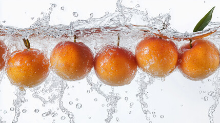 Sticker - A row of oranges are floating in a stream of water. The oranges are surrounded by water droplets, creating a sense of movement and energy. The scene is vibrant and lively