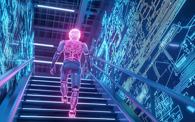 Poster - A robotic figure ascends illuminated stairs in a futuristic space filled with digital circuitry designs at an advanced technology exhibition