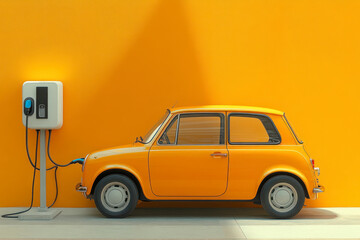 Vintage orange car charging at electric station on bright wall...