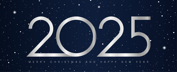 Aufkleber - Happy New Year 2025 modern text vector luxury design silver color line on black background with snowflakes and shining stars. Merry Christmas and happy new year 3d banner.