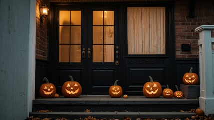 House threshold decorated for Halloween, doors decorated with jack-o-lanterns, Halloween night	