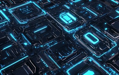 Poster - a close-up view of a futuristic circuit board with glowing blue elements set against a dark backgrou