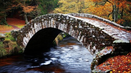 Wall Mural - A picturesque stone bridge over a flowing river, surrounded by autumn foliage.