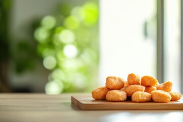 Sticker - A pile of donuts sitting on a wooden cutting board, perfect for decorating or serving