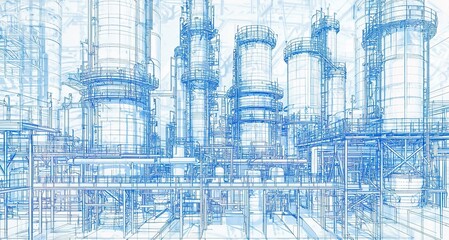 Poster - Industrial plant layout with interconnected structures, pipes, and towers illustrated in blue blueprint style