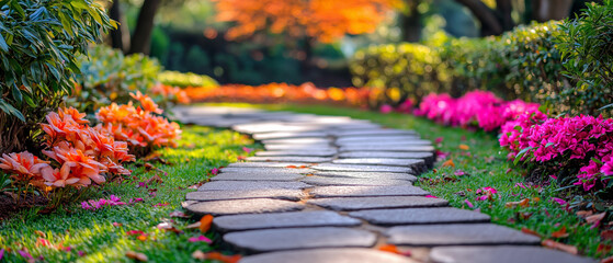 Serene Stone Pathway in a Vibrant Garden with Colorful Flowers and Lush Greenery