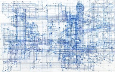 Poster - Abstract blueprint of industrial machinery showcasing intricate designs and structures in blue, emphasizing engineering details and spatial complexity