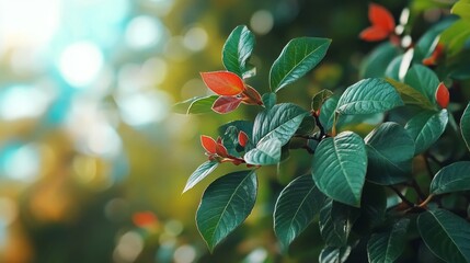 Wall Mural - Close-up of vibrant green leaves with hints of red, showcasing the beauty of nature's details.