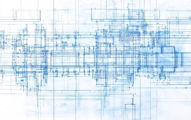 Poster - Intricate blue schematic diagram illustrating detailed engineering design and development process for machinery components and systems