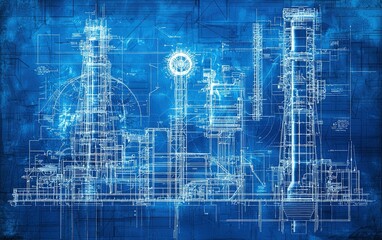 Poster - Blueprint illustration of an industrial facility with detailed diagrams and equipment layout on a blue background