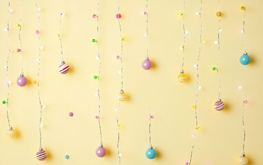 Wall Mural - Colorful hanging ornaments and decorations against a cheerful yellow backdrop create a festive atmosphere for celebrations