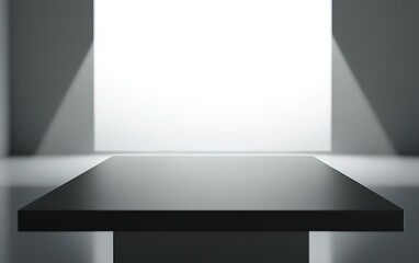 Poster - A black table illuminated by soft lighting in a minimalist room with blank walls, creating a calm and serene atmosphere
