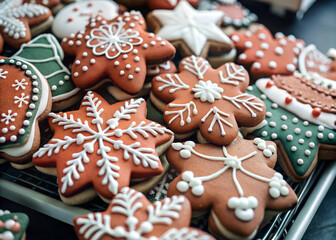 Close-up of colorful gingerbread cookies on display in a stall (