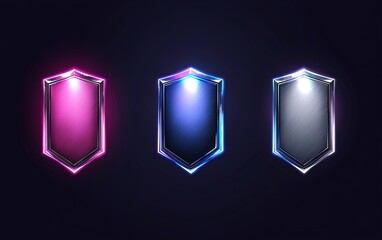 Poster - Stylish illuminated shield designs in vibrant colors showcasing modern digital art aesthetics at night
