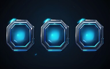 Three glowing blue interface buttons arranged in a row with a sleek design on a dark background, ideal for digital projects or gaming