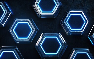 Poster - Hexagonal patterns with glowing blue lines on a dark textured background creating a futuristic ambiance