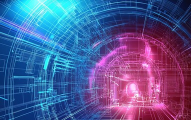 Poster - A vibrant digital tunnel with futuristic geometric patterns in blue and pink hues, showcasing advanced technology concepts in a virtual space