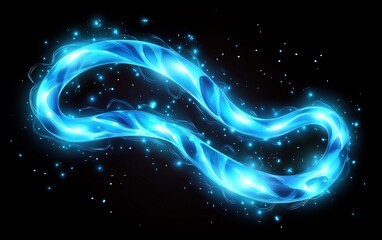 Poster - Glowing blue infinity symbol floating in space, surrounded by shimmering stars and cosmic elements at nighttime