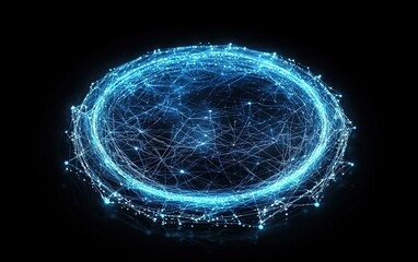 Poster - A glowing digital circle composed of interconnected blue lines and nodes, symbolizing technology and connectivity in a dark background