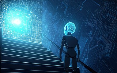 Poster - A futuristic robot exploring illuminated stairs leading to a glowing portal in a high-tech environment