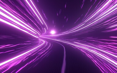 Poster - Abstract digital landscape showcasing vibrant purple streaks of light creating a sense of motion along a curved path