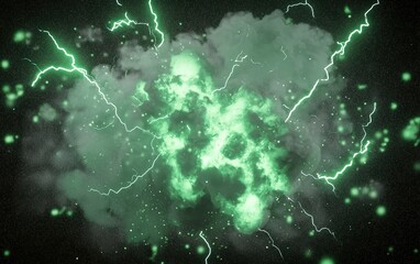 Poster - A vibrant green explosion with lightning bolts illuminating a dark background at night