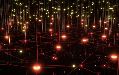 Poster - Abstract visualization of a digital network with glowing nodes in a dark setting illustrating connectivity and technology at night