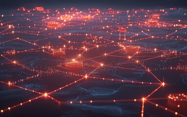 Poster - A network of glowing red connections over a dark landscape illustrating advanced technology and data flow in a futuristic digital environment