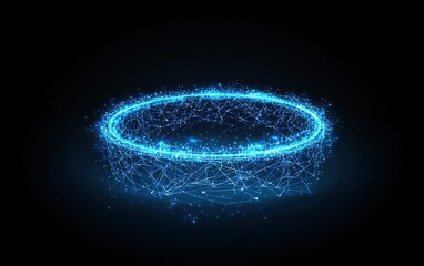 Poster - A glowing blue digital ring composed of interconnected nodes and particles in a dark space, representing technology and innovation