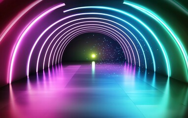 Poster - Vibrant neon tunnel illuminated by curved lights creates a captivating atmosphere for events and gatherings