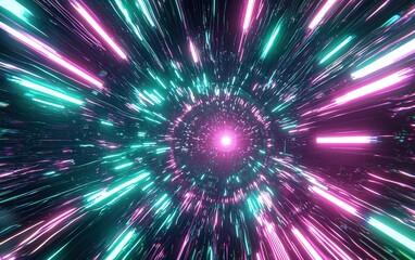 Poster - Colorful light rays emanating from a central point in a vibrant cosmic tunnel at night, creating a sense of motion and depth