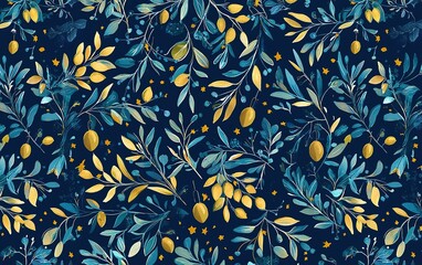 Poster - Vibrant floral pattern featuring blue leaves and yellow fruits against a dark navy background ideal for fabric or wallpaper design