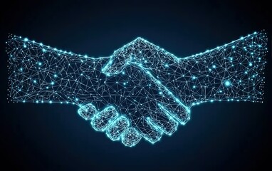 Poster - Hands forming a digital handshake against a dark background with interconnected nodes representing technology and unity