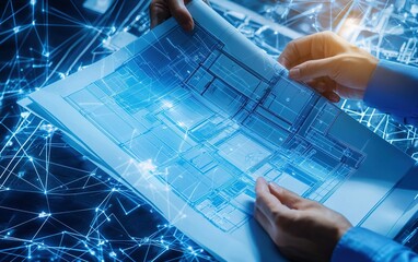 Poster - Person examining detailed blueprints in a modern office with digital overlays at night