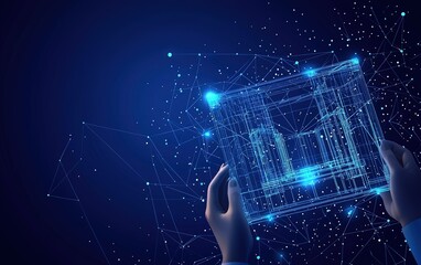 Poster - Hands holding a digital blueprint showcasing a futuristic design against a dark galaxy background with glowing connections and stars