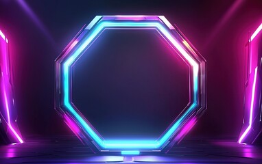 Poster - Futuristic octagonal portal illuminated by vibrant neon lights in a dark, atmospheric setting