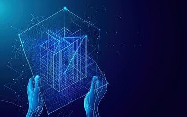 Poster - Hands holding a holographic blueprint design of a futuristic building in a digital landscape