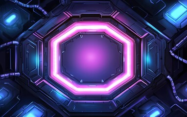 Poster - A futuristic octagonal portal illuminated with vibrant neon lights against a dark metallic background