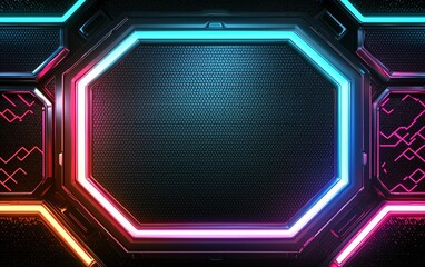 Poster - Vibrant neon hexagonal frame with glowing borders in a dark textured background ideal for modern digital designs