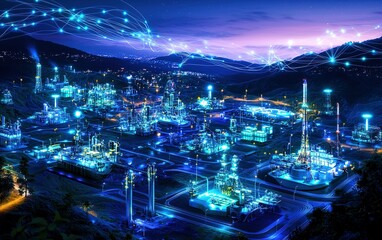 Poster - A vibrant industrial complex illuminated at night showcasing advanced technology and infrastructure in a remote mountainous location