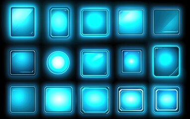 Poster - Futuristic blue glowing digital interface elements arranged in a grid, perfect for technology and gaming designs