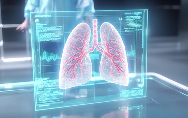Poster - 3D holographic representation of human lungs with detailed vascular structure during a medical examination in a lab setting