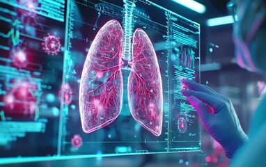 Poster - A medical professional analyzes advanced holographic lungs displaying intricate vascular structures and viral data in a high-tech lab