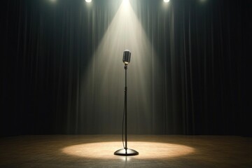 A professional microphone placed in front of a spotlight on a stage, ready for performance