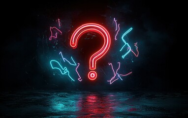 Poster - neon question mark glowing against a dark backdrop with vibrant blue and pink light reflections at n
