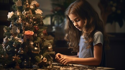 Wall Mural - young girl decorate a table top tree