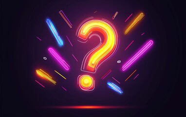 Poster - bright neon question mark with colorful light streaks on dark background, creating a vibrant and eng