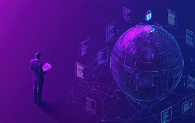 Poster - A business professional analyzing data security measures in a digital environment with a global perspective in a modern setting