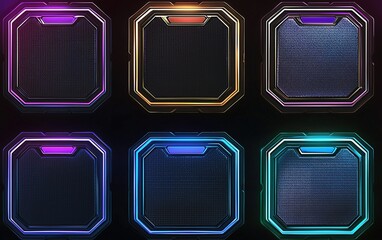 Poster - Colorful and modern graphic design featuring six square panels with glowing borders against a dark background