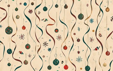 Poster - Colorful holiday ornaments and ribbons hanging against a light backdrop creating a festive atmosphere for winter celebrations